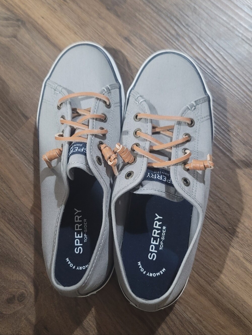 Sperry Light Gray Canvas Boat Shoes with Tan Laces